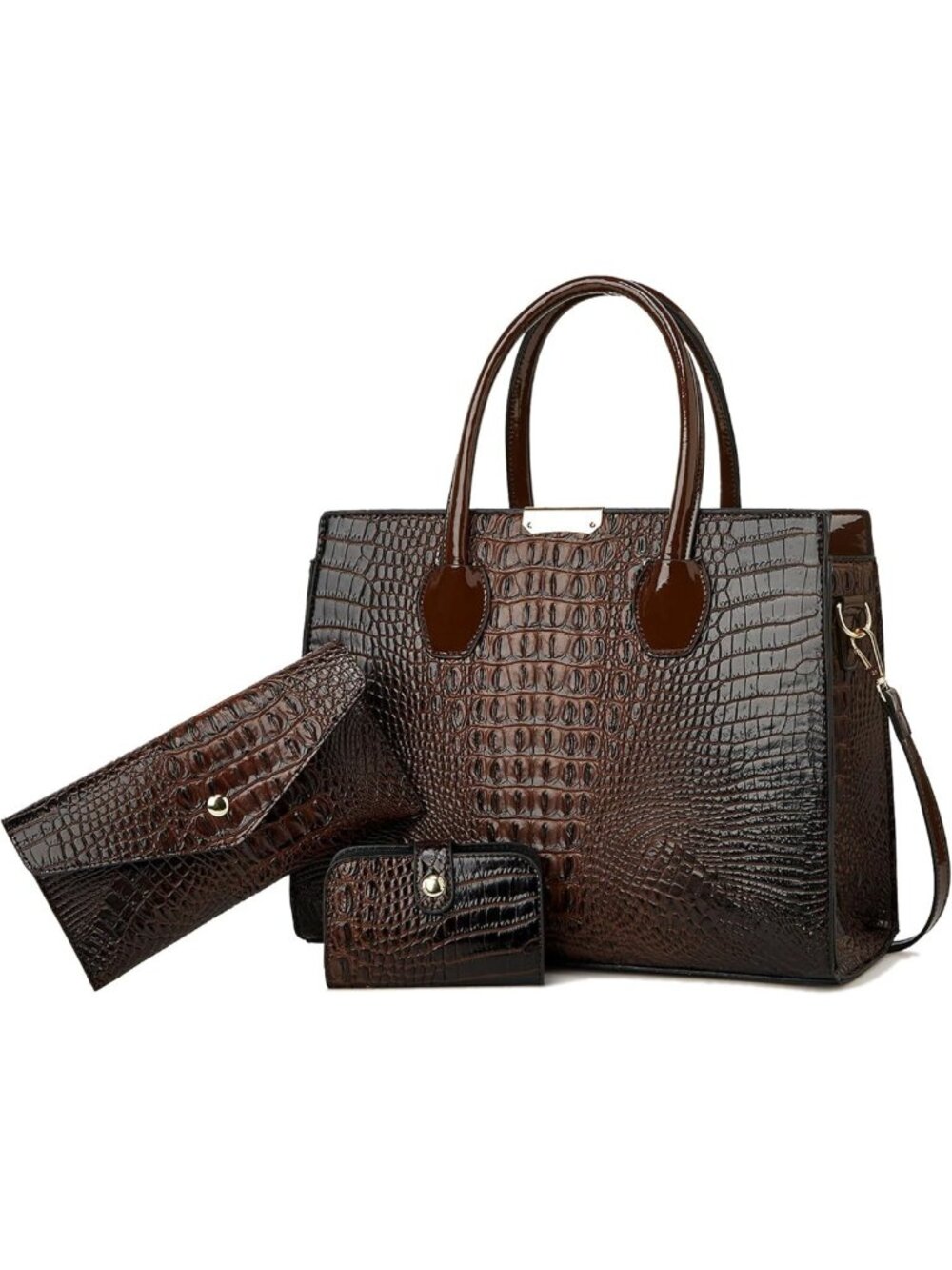 Chic Crocodile Embossed 3-Piece Tote Handbag Set with Matching Wallet - Stylish